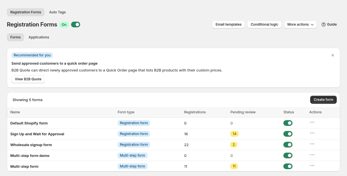 Example configuration in BSS B2B Solution: the Registration Forms list with pending applications