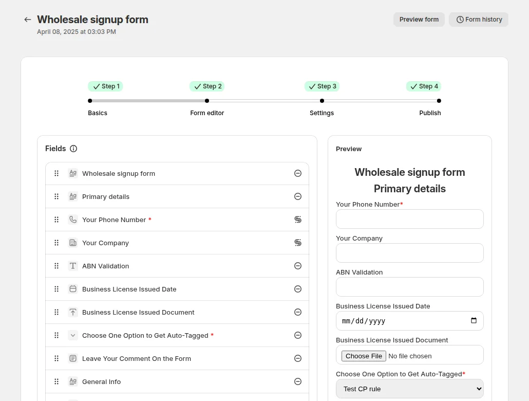 Example configuration in BSS B2B Solution: the registration form editor with a field list and live preview