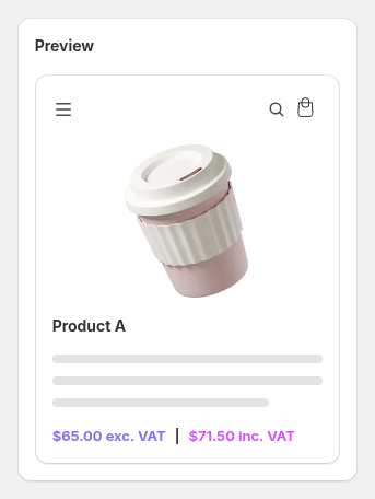 BSS B2B Solution Tax Display preview showing a product price excluding VAT and including VAT