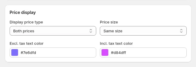 BSS B2B Solution tax display card with the option to show both prices including and excluding tax