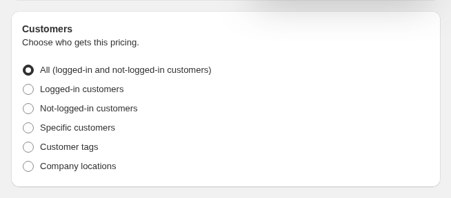 BSS B2B Solution Volume Pricing customer targeting options including specific customers and customer tags