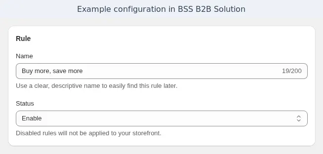 BSS B2B Solution volume pricing rule name and status card