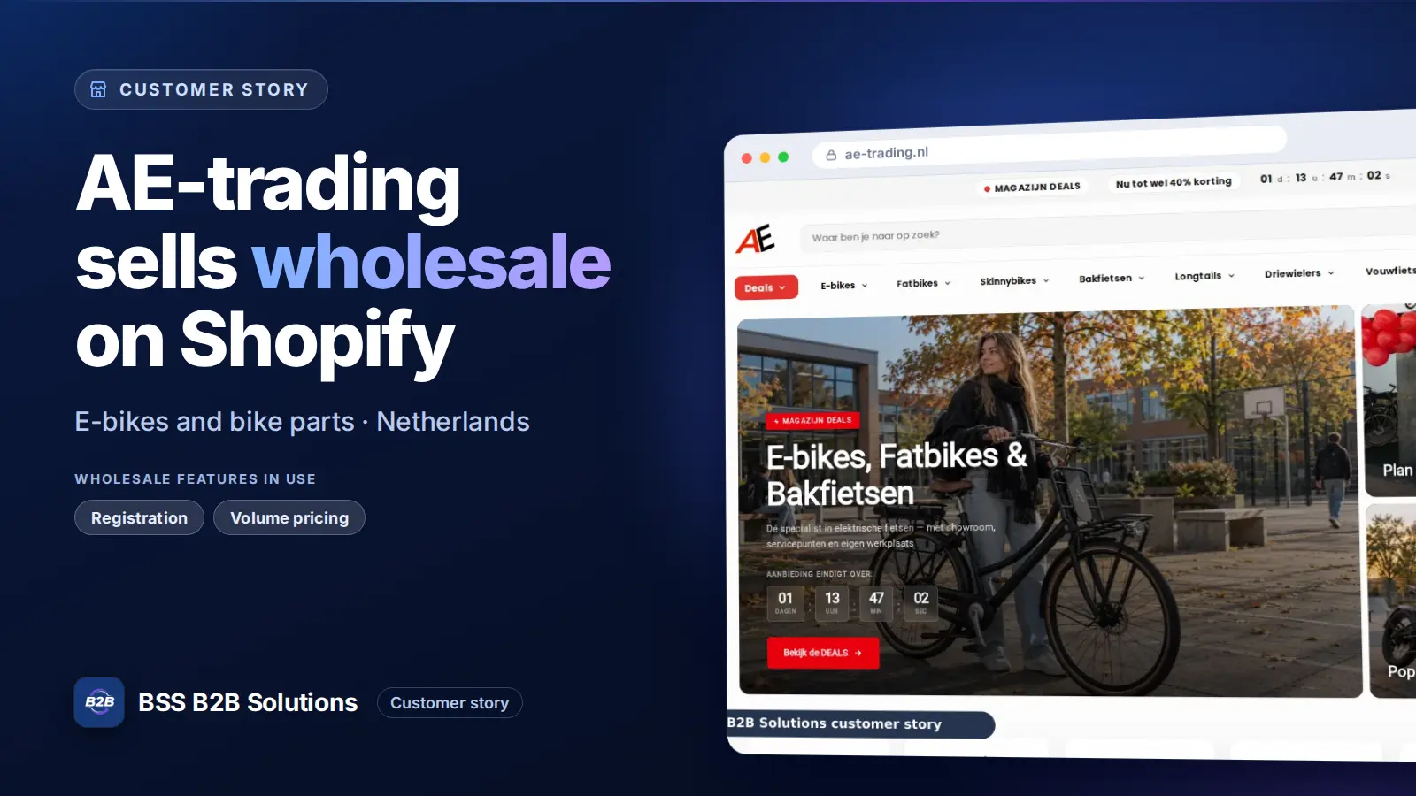 Browser window showing the merchant storefront, AE-trading sells wholesale on Shopify. Cover for: AE-trading: How a Dutch E-bike Retailer Opens a Dealer Portal on Shopify