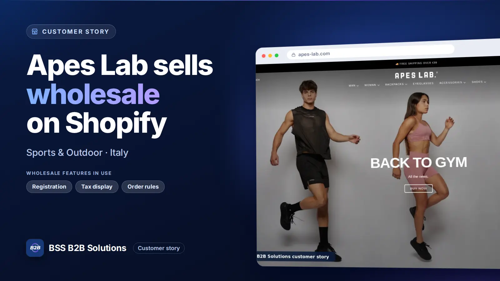 Browser window showing the merchant storefront, Apes Lab sells wholesale on Shopify. Cover for: Apes Lab: How an Italian sportswear brand adds a B2B channel to its Shopify store