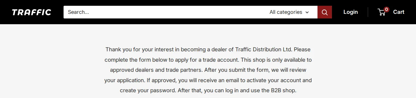 Trade account application page with a note that approved dealers receive an email to activate their account