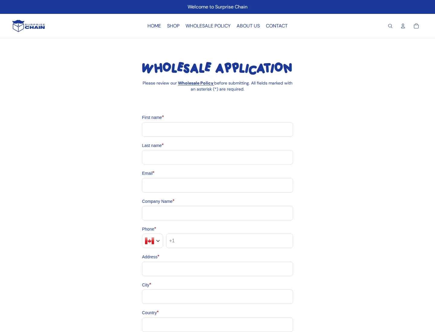 Wholesale Application page with fields for name, email, company name, phone, address, city, country and zip code