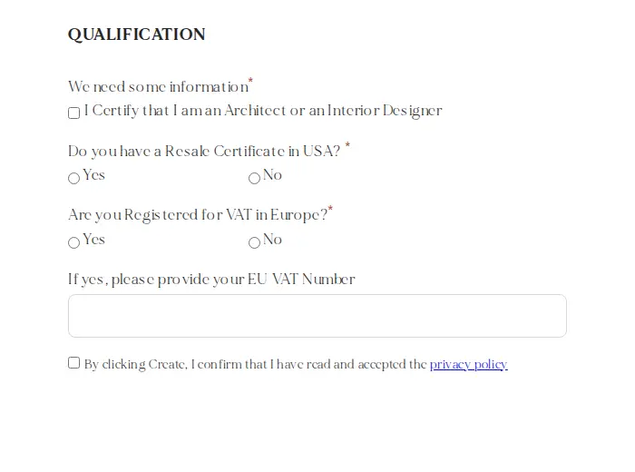 Vasconcellos Studio Trade Application qualification section with a certification checkbox, resale certificate and EU VAT questions