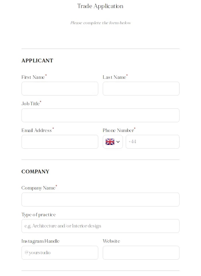 Vasconcellos Studio Trade Application form with applicant and company sections