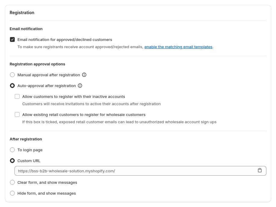 Registration card in a BSS B2B Solution form: email notification for approved or declined customers, manual or auto-approval after registration and the page shown after registration