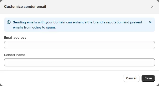 Customize sender email dialog in BSS B2B Solution with an email address field and a sender name field