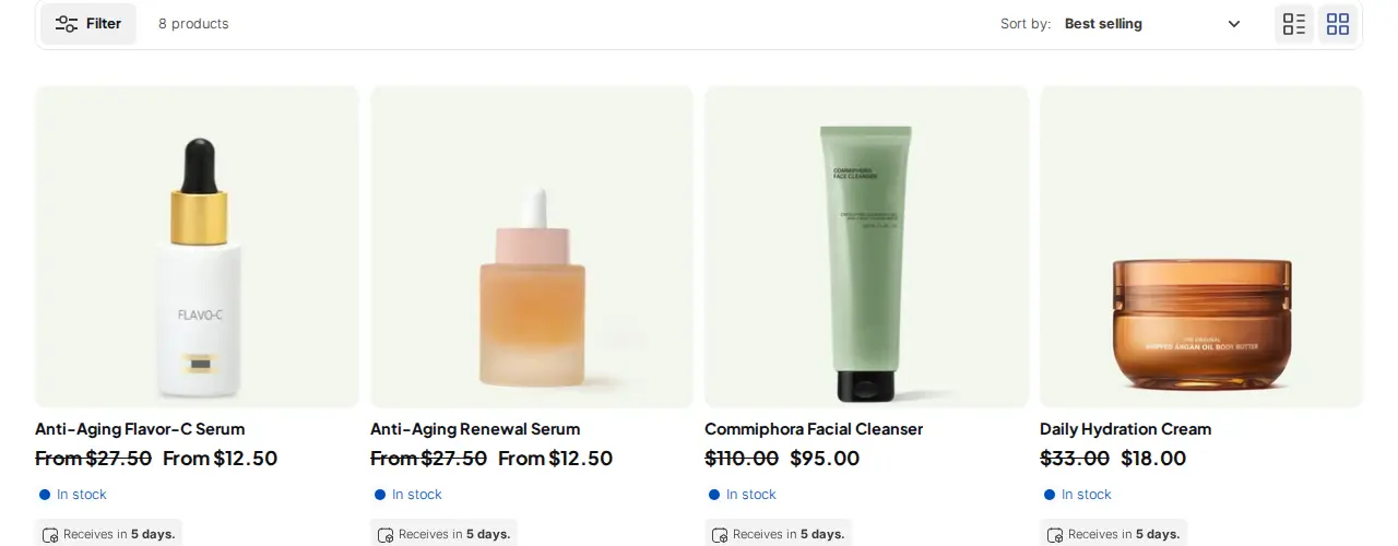 Demo storefront collection seen by an approved wholesale buyer: each product card shows the retail price struck through next to the discounted price