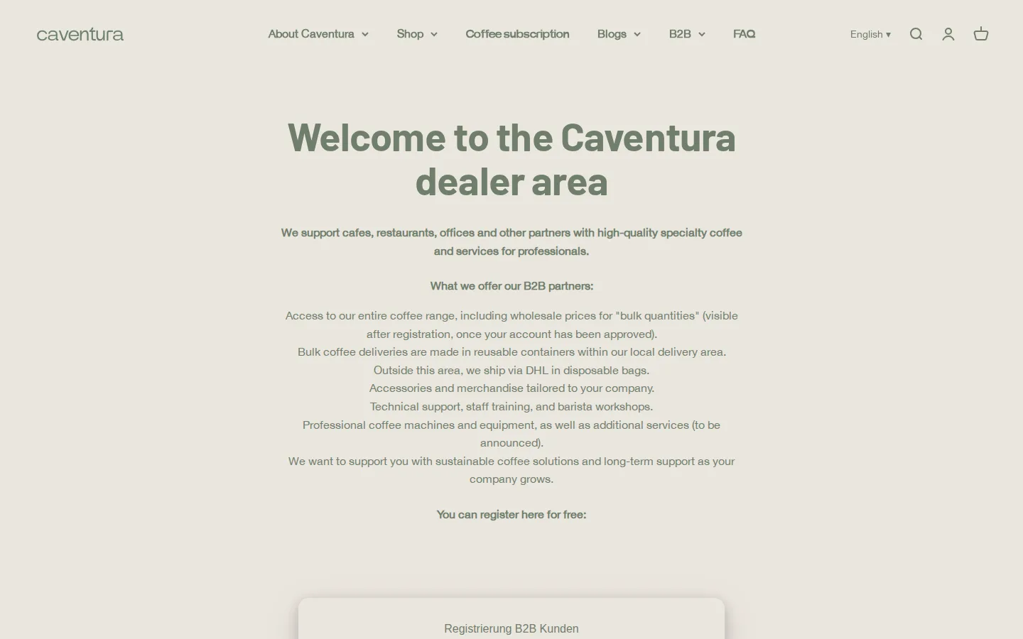 Caventura B2B area page welcoming cafes, restaurants and offices with a registration form