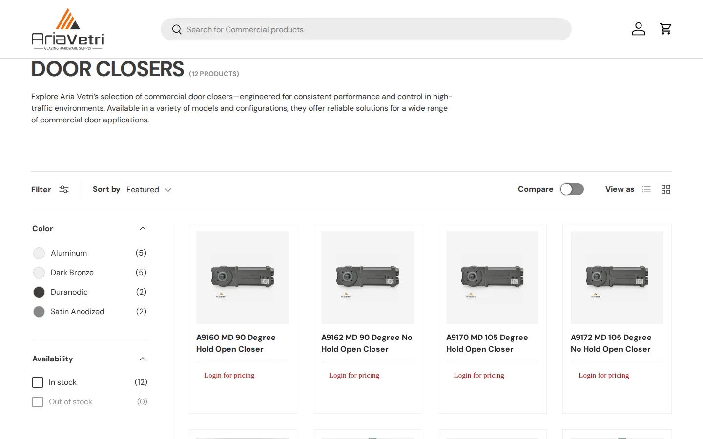 Aria Vetri door closers collection with filters and product cards showing Login for pricing under each product name