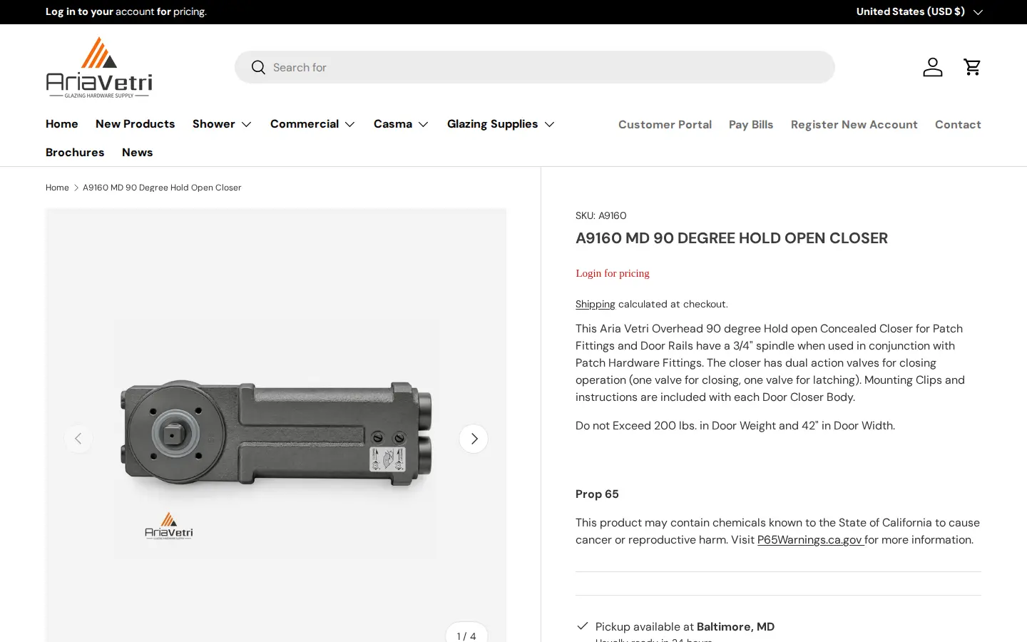 Aria Vetri A9160 door closer product page with SKU, description and a Login for pricing link where the price would be