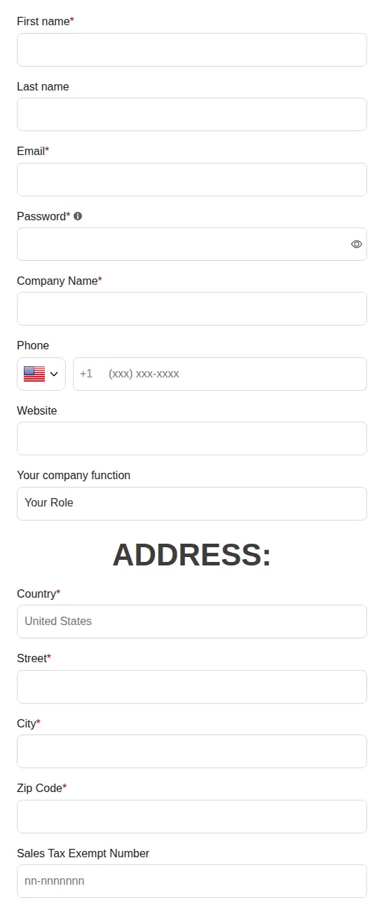 Aria Vetri business registration form with name, email, password, company, phone, website, company function and address fields and a sales tax exempt number