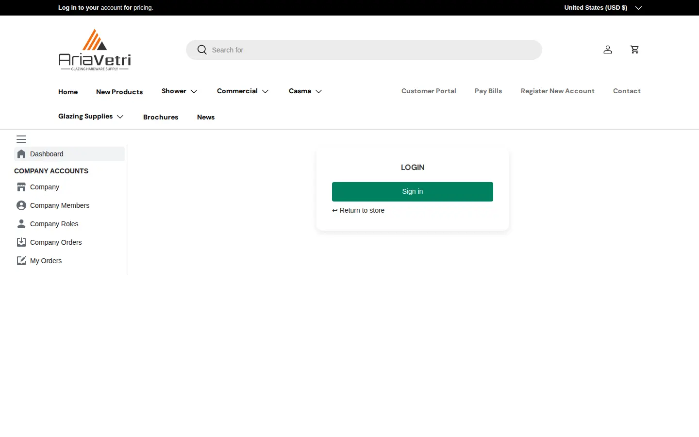 Aria Vetri customer portal page with a company accounts menu for company, members, roles and orders and a Sign in button