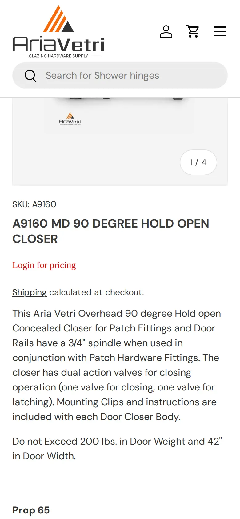 Aria Vetri product page on a phone with the pricing notice bar, SKU, product title and a Login for pricing link