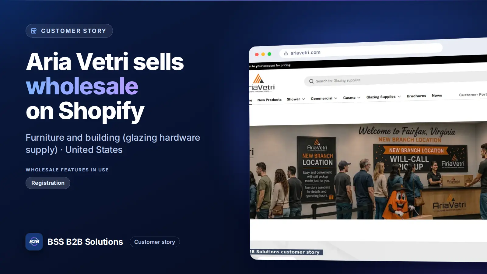 Browser window showing the merchant storefront, Aria Vetri sells wholesale on Shopify. Cover for: Aria Vetri: How a Glazing Hardware Supplier Gates Pricing on Shopify