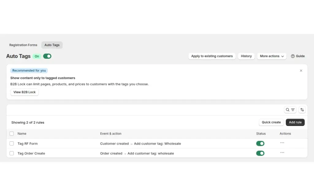 Auto Tags page in the BSS B2B Solution admin with the module switched on and two rules listed: Customer created adds the Wholesale tag and Order created adds an order tag