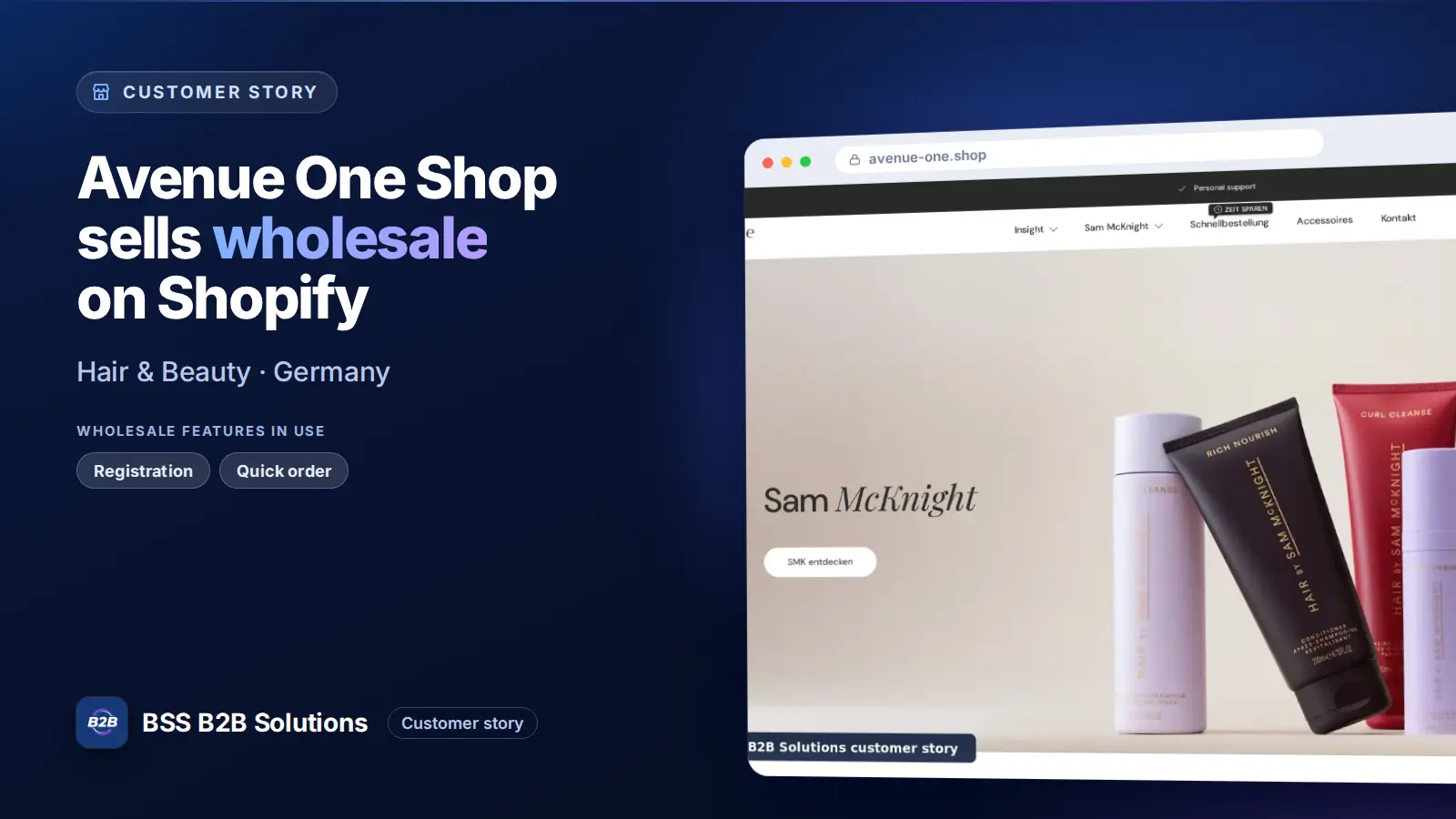 Browser window showing the merchant storefront, Avenue One Shop sells wholesale on Shopify. Cover for: Avenue One Shop: How a German salon-supply brand sells wholesale on Shopify