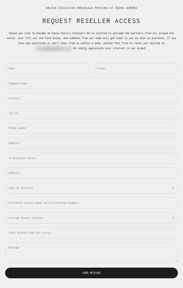 Equos Aurora request reseller access form with company, tax ID, business type, budget and brands fields
