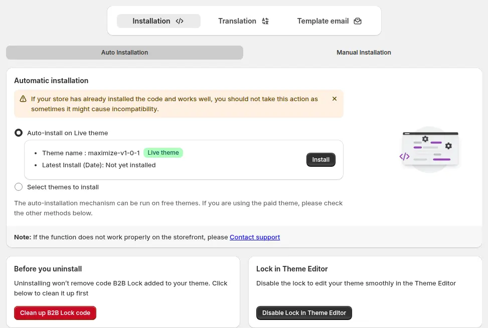 BSS B2B Lock Installation tab with Auto Installation on the live theme, an Install button, a Clean up B2B Lock code button and a Disable Lock in Theme Editor button