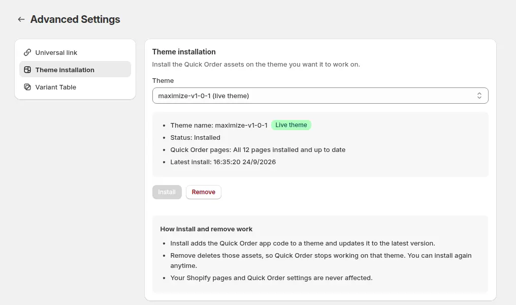 BSS B2B Quote Advanced Settings, Theme installation with a theme picker, status Installed, the number of Quick Order pages installed and Install and Remove buttons