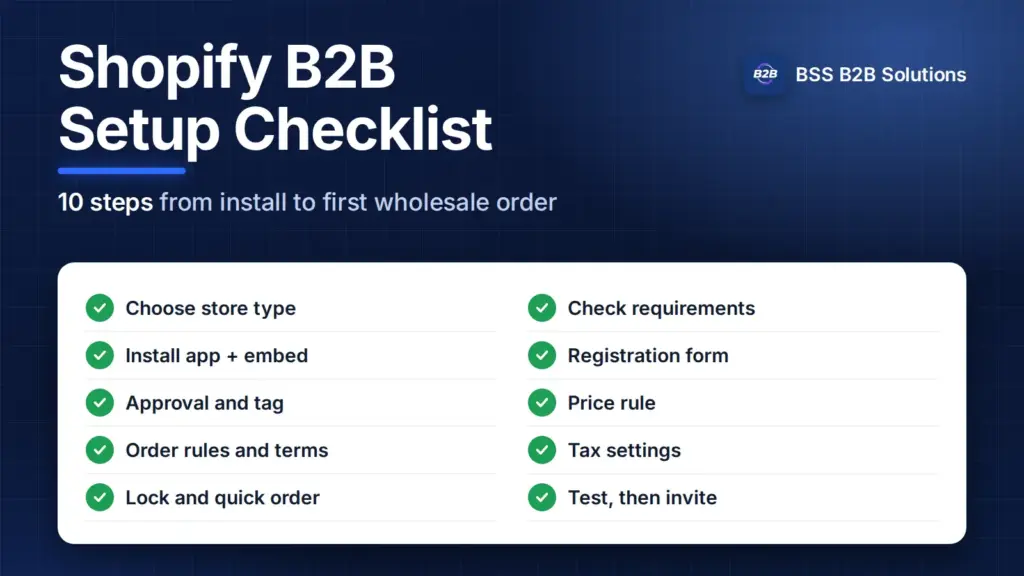 Shopify B2B setup checklist: ten ticked steps from choosing a store type to inviting buyers