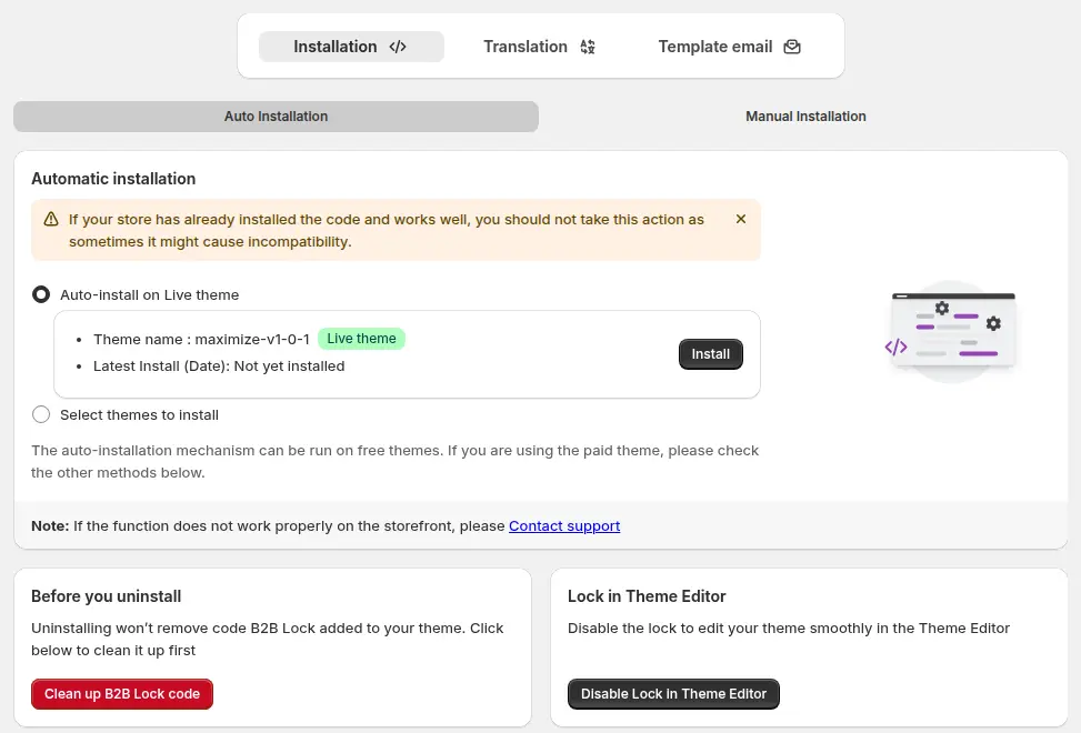 BSS B2B Lock Settings, Installation tab, with the Before you uninstall card and the Clean up B2B Lock code button