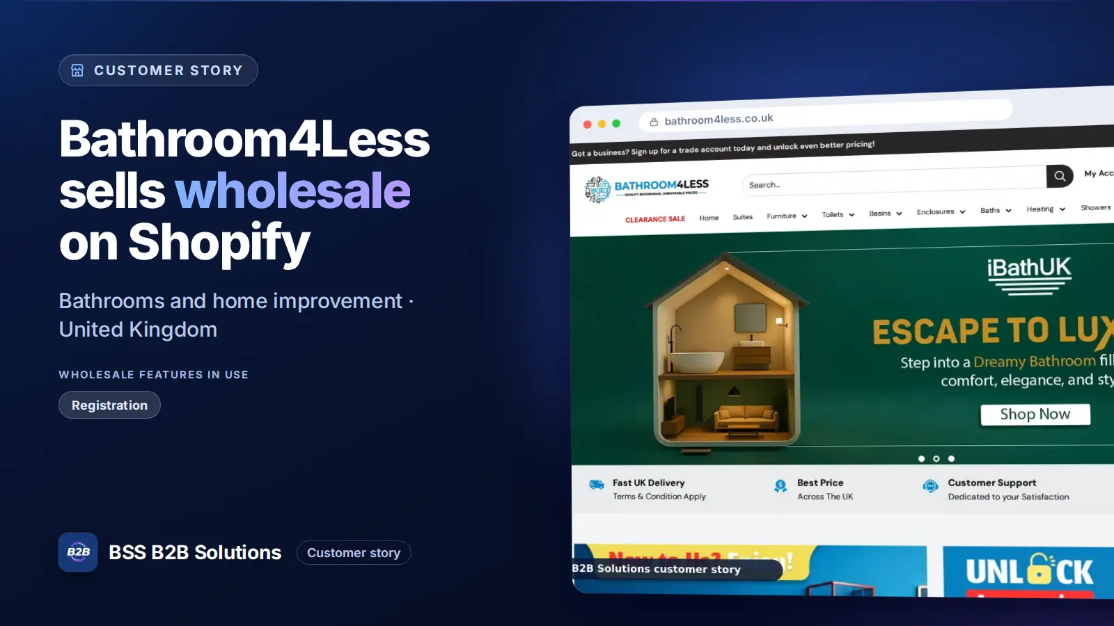 Browser window showing the merchant storefront, Bathroom4Less sells wholesale on Shopify. Cover for: Bathroom4Less: How a UK Bathroom Retailer Sells to Trade Buyers on Shopify