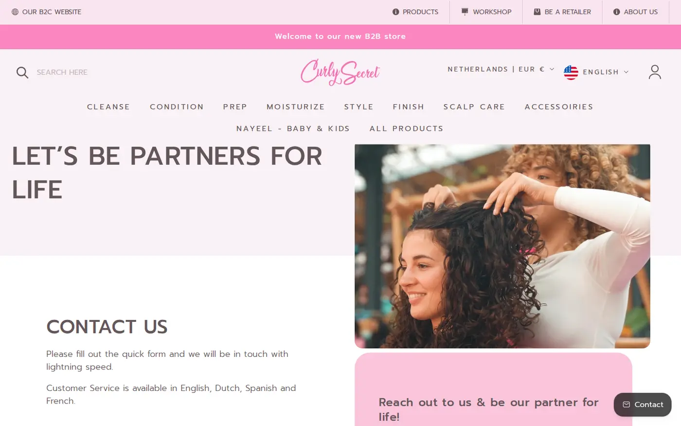 Curly Secret Pro Be a retailer page with the headline Let's be partners for life and a contact form