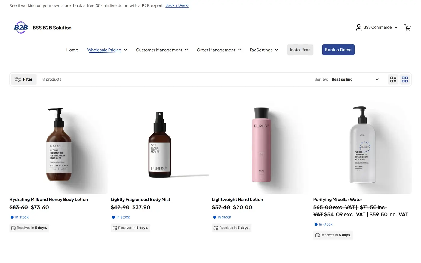 The same collection for a logged-in professional buyer with pro prices shown next to the retail price