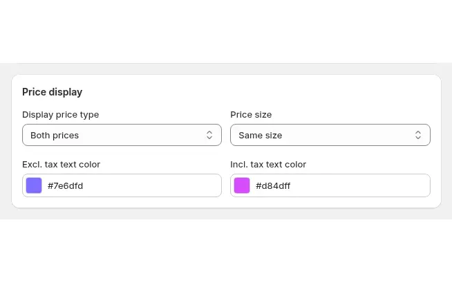 Price display card of a Tax Display rule with the display price type set to Both prices and the size and colours of the text