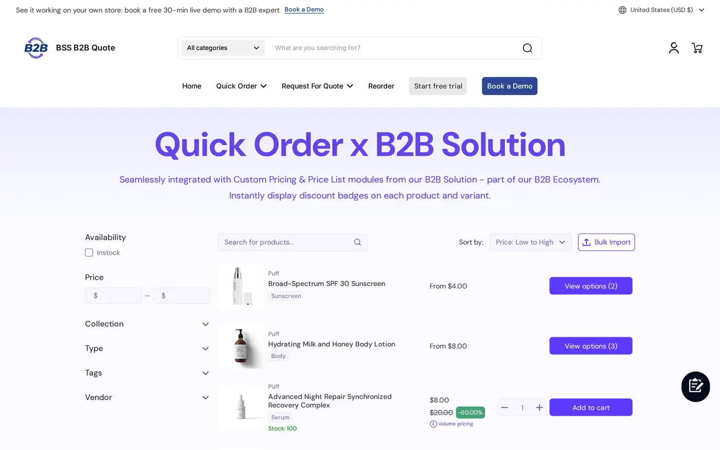 Quick Order page of BSS B2B Quote for a business buyer with product search, filters and an Add to cart button for each product