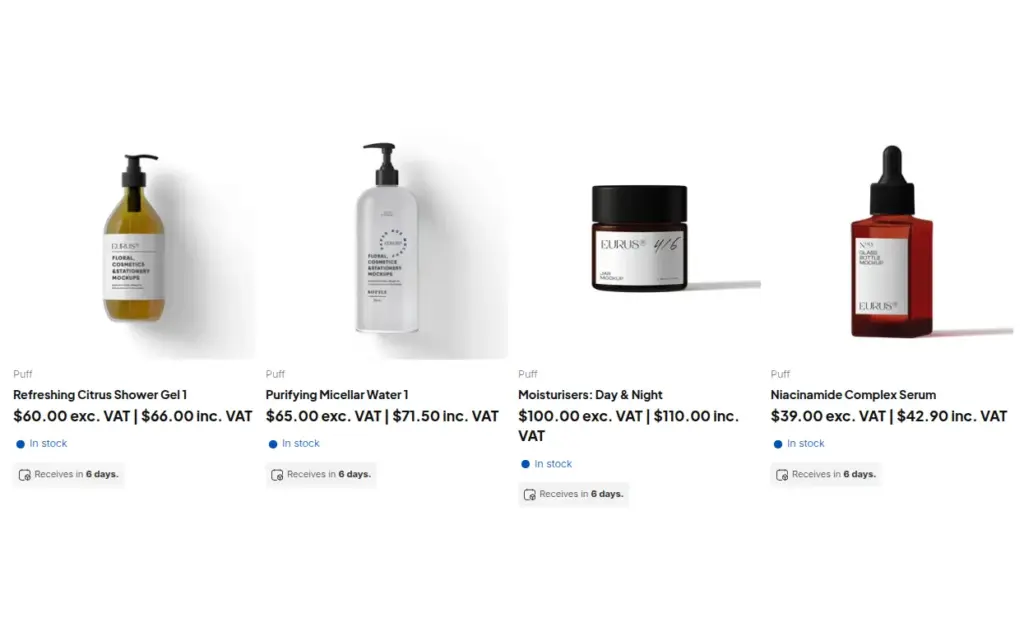 Demo storefront collection grid where each product shows the price excluding VAT next to the price including VAT