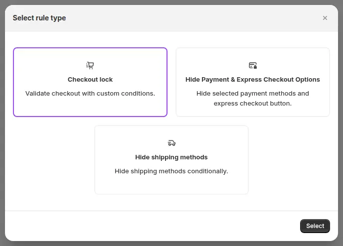 BSS B2B Lock Select rule type window with Checkout lock, Hide Payment and Express Checkout Options and Hide shipping methods