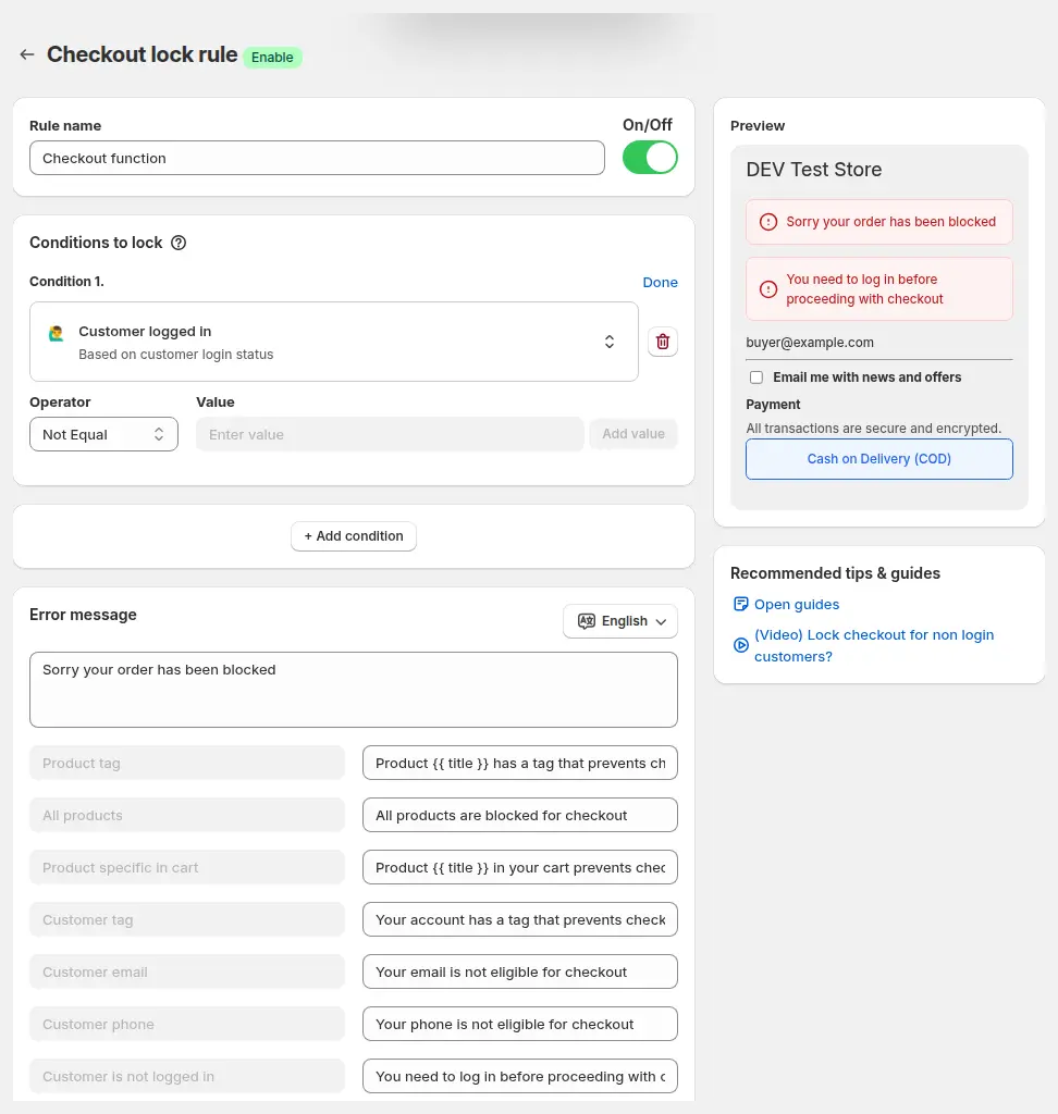 BSS B2B Lock checkout lock rule editor with a Customer logged in condition, the Not Equal operator, an error message and a checkout preview
