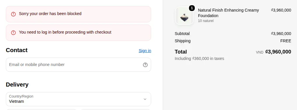 Shopify checkout for a guest with the message Sorry your order has been blocked and You need to log in before proceeding with checkout