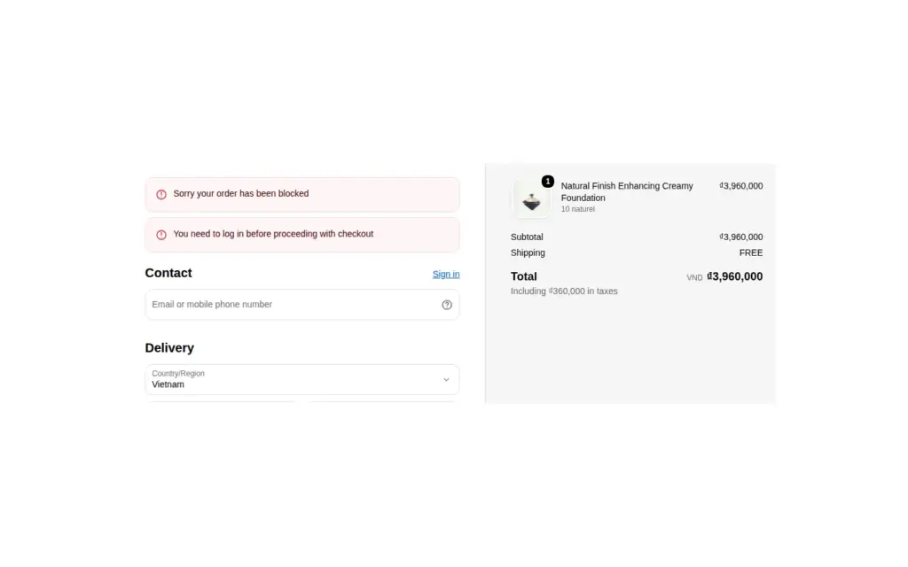 Shopify checkout for a guest with the message Sorry your order has been blocked and You need to log in before proceeding with checkout