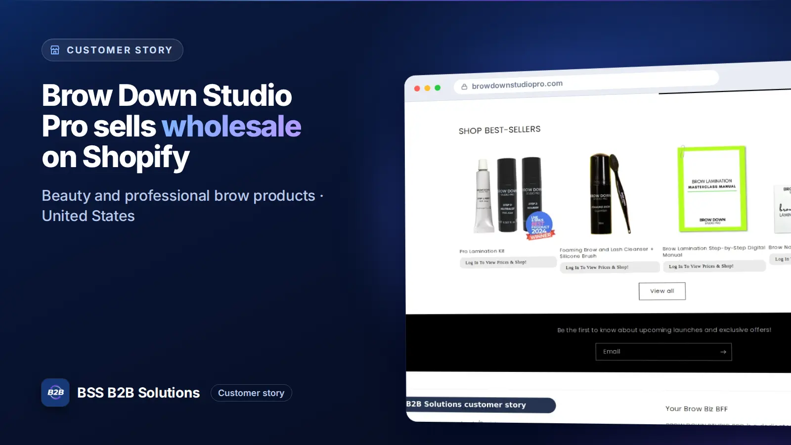 Browser window showing the merchant storefront, Brow Down Studio Pro sells wholesale on Shopify. Cover for: Brow Down Studio Pro: How a Brow Brand Sells to Pros on Shopify