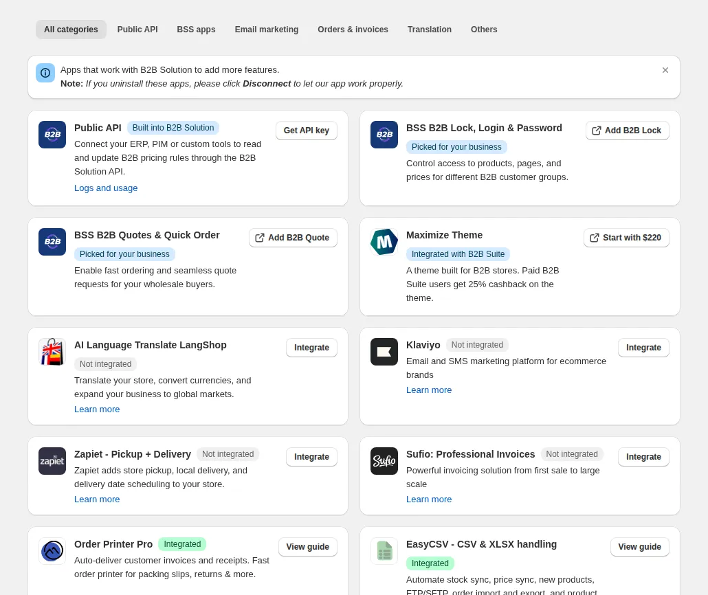 Seite Integrations im BSS-B2B-Solution-Admin mit der Karte Public API und dem Button Get API key