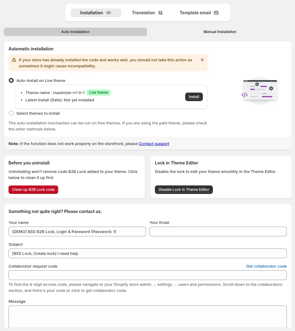 Einstellungen von BSS B2B Lock, Seite Installation mit Auto Installation auf dem Live-Theme und der Option Select theme
