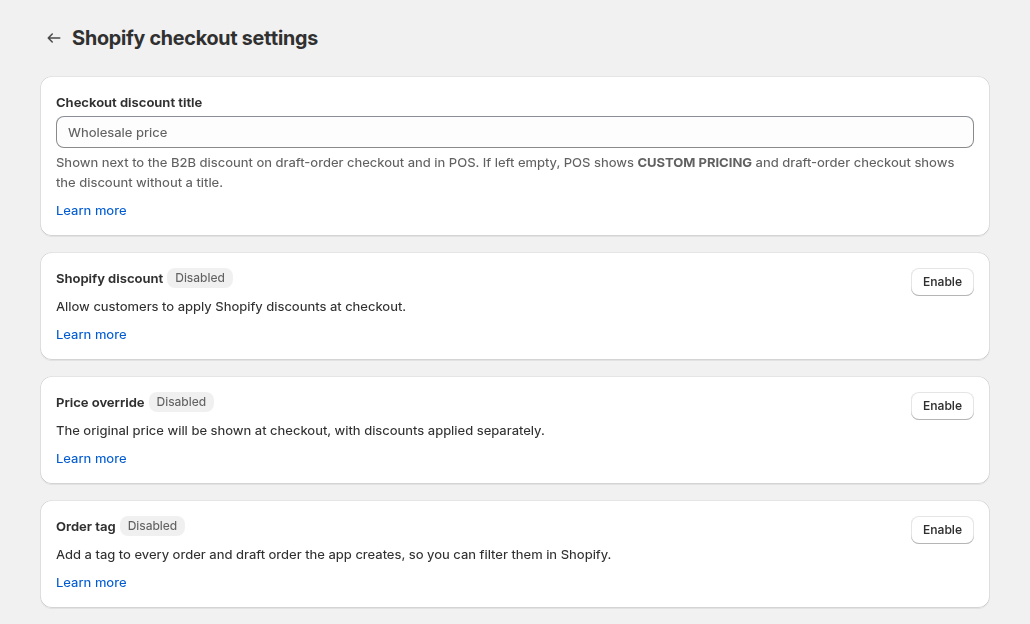 Shopify checkout settings with the Price override option