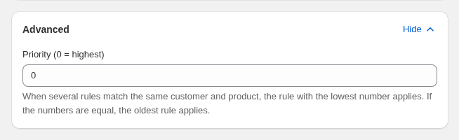 The Advanced card of a rule with the Priority field, where 0 is highest