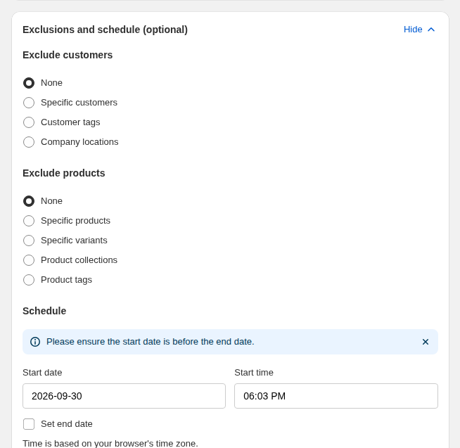 The exclusions and schedule card for customers and products