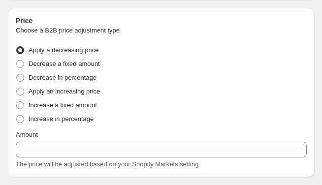 The Price card with percentage, fixed amount and fixed price options