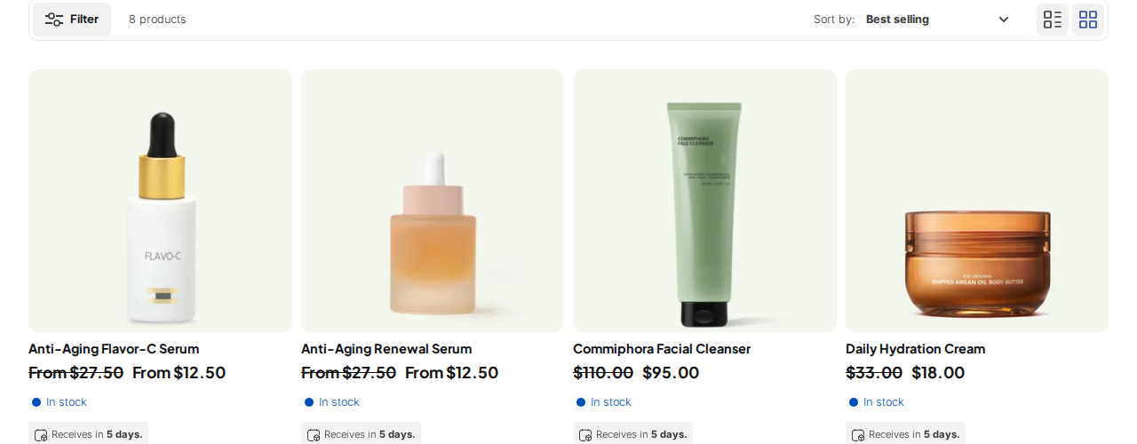 A collection page for a logged-in buyer where every product shows its discounted price with the retail price struck through