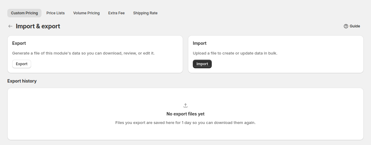 The Import and export page with Export and Import cards and the export history