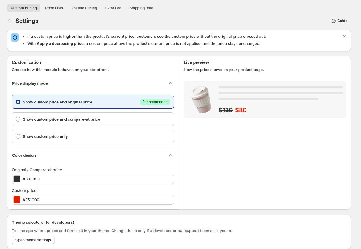 Custom Pricing Settings with the price display mode, color design and live preview