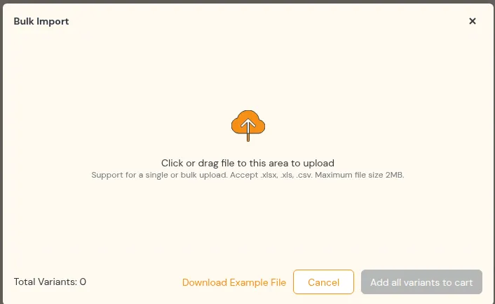 Dialog „Bulk Import“ auf einer Schnellbestellseite von BSS B2B Quote mit einer Ablagezone für .xlsx-, .xls- oder .csv-Dateien bis 2 MB